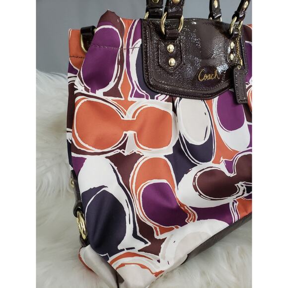 GORGEOUS COACH Ashley Logo Scarf Print Sateen Purple Brown Tote Bag Purse F20113 - Picture 4 of 13